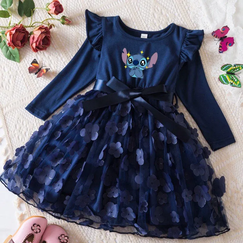 Color: Light Brown, Size: One Size, Height: 158 - Lilo Stitch Girl Baby Dresses Spring Autumn Child Long Sleeve Sweet Princess Dress Mesh Newborn Casual Dress Birthday Party 2-6Y