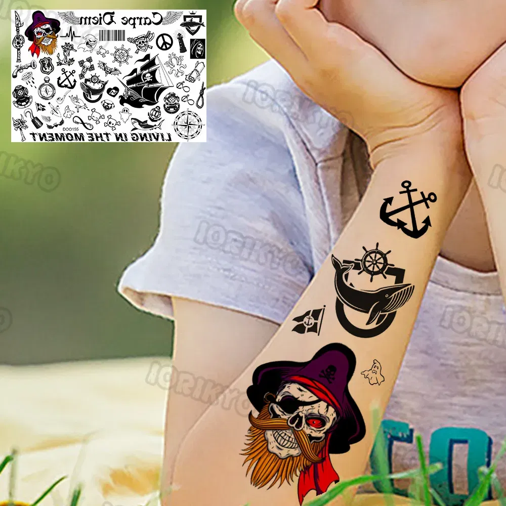 Color: wine red - Skull Temporary Tattoos For Kids Men Women Adult Face Neck Pirate Captain Tattoo Sticker Monster Fake Skeleton King Tatoos