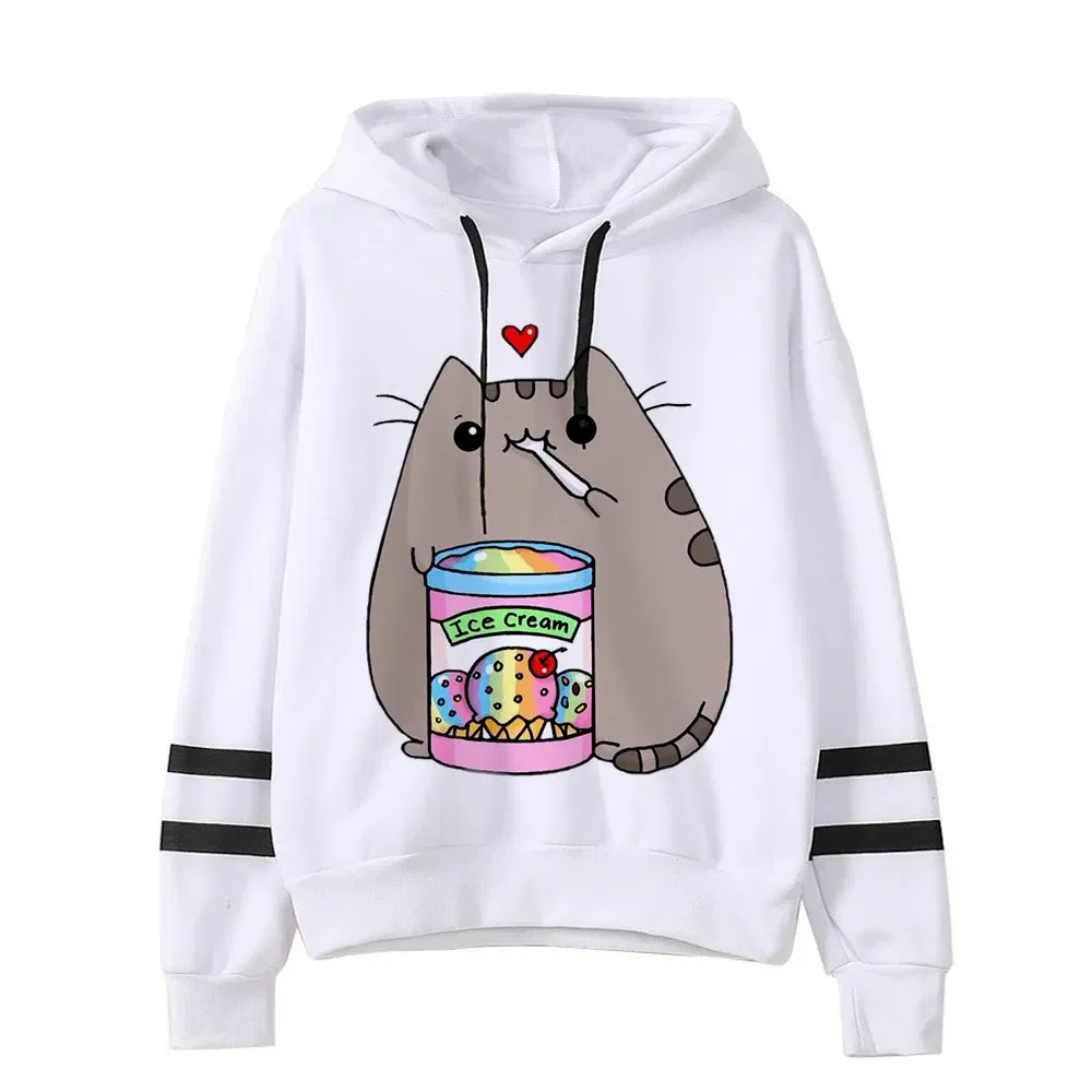 Color: dark green, Size: XL - Women Ullzang Cute Cat Funny Cartoon Sweatshirt Pusheen Cat Kawaii Harajuku Korean Style Hoodies Graphic Fashion Hoody Female