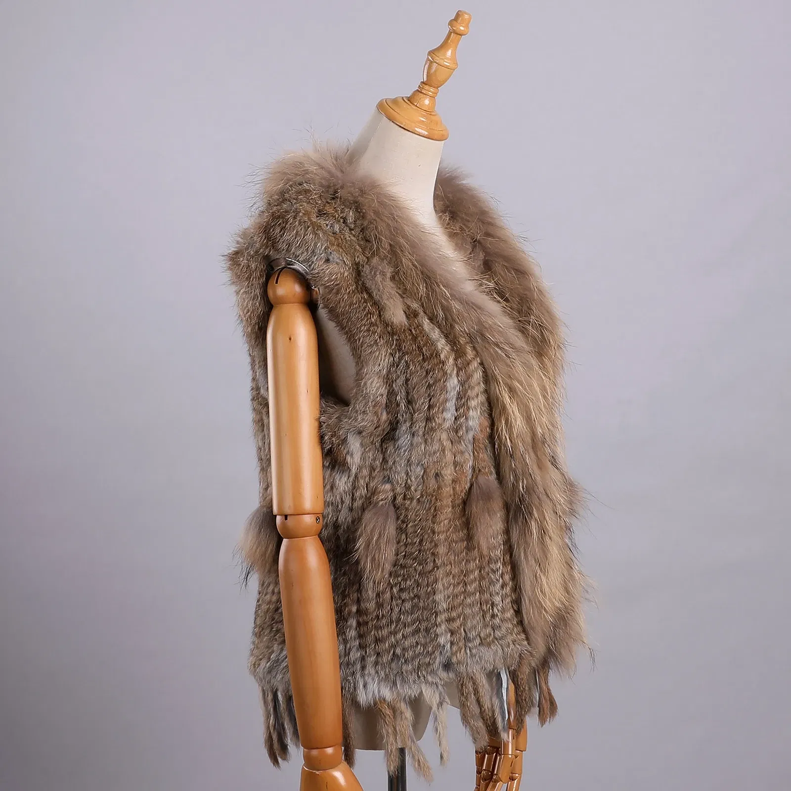 Color: green, Size: M - Luxury Women's Genuine Premium Long Hair Rabbit Fur Knit Vest Raccoon Fur Trim Gilet Lady Sleeveless Waistcoat Real Fur Jacket
