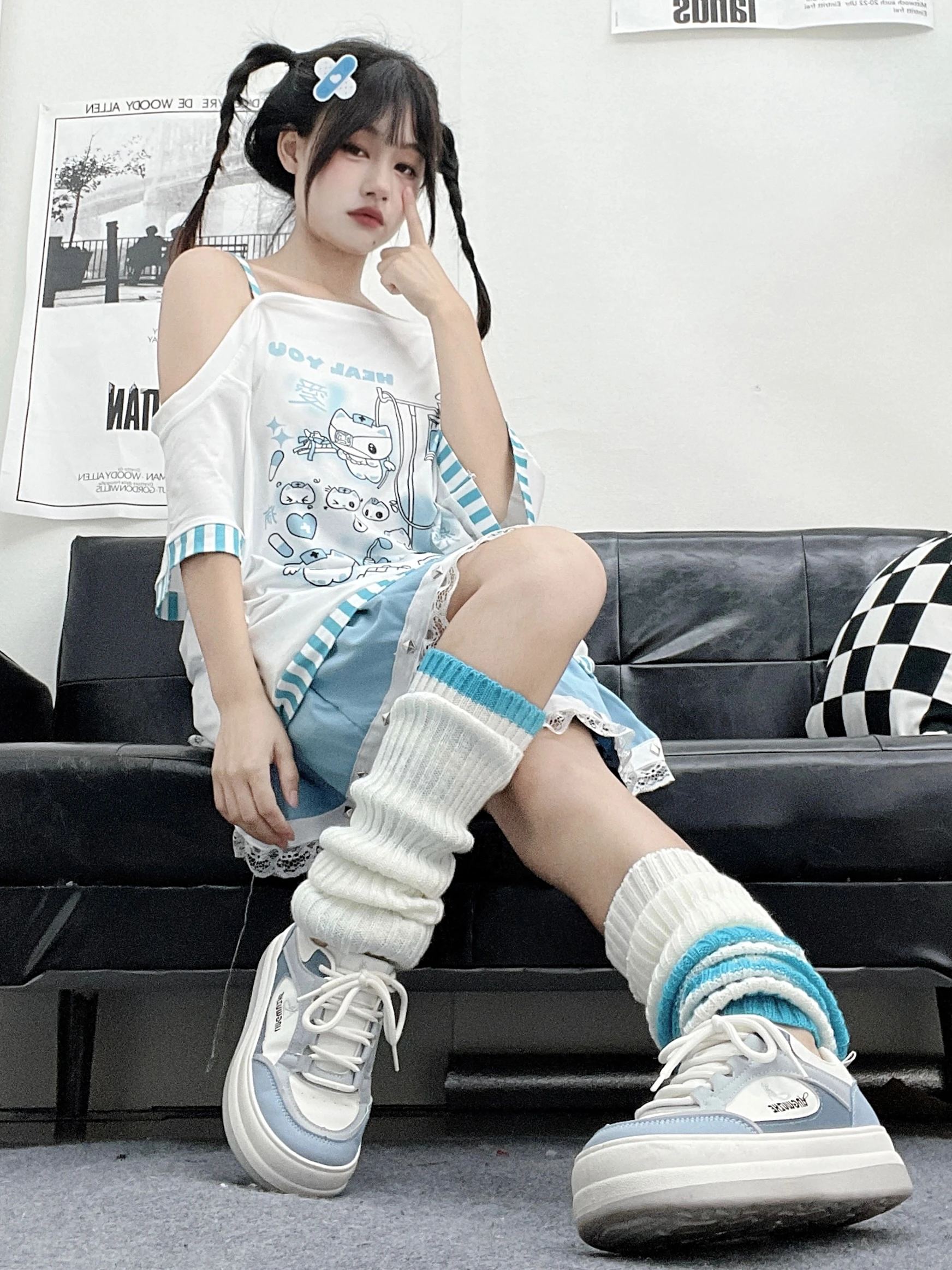 Color: WHITE, Size: S, Ships From: CHINA - Gothic Woman Clothing Y2k Harajuku T-shirts Japanese Female Clothing Patchwork Kawaii Sweet Cartoon Print stripe y2k Clothes Top