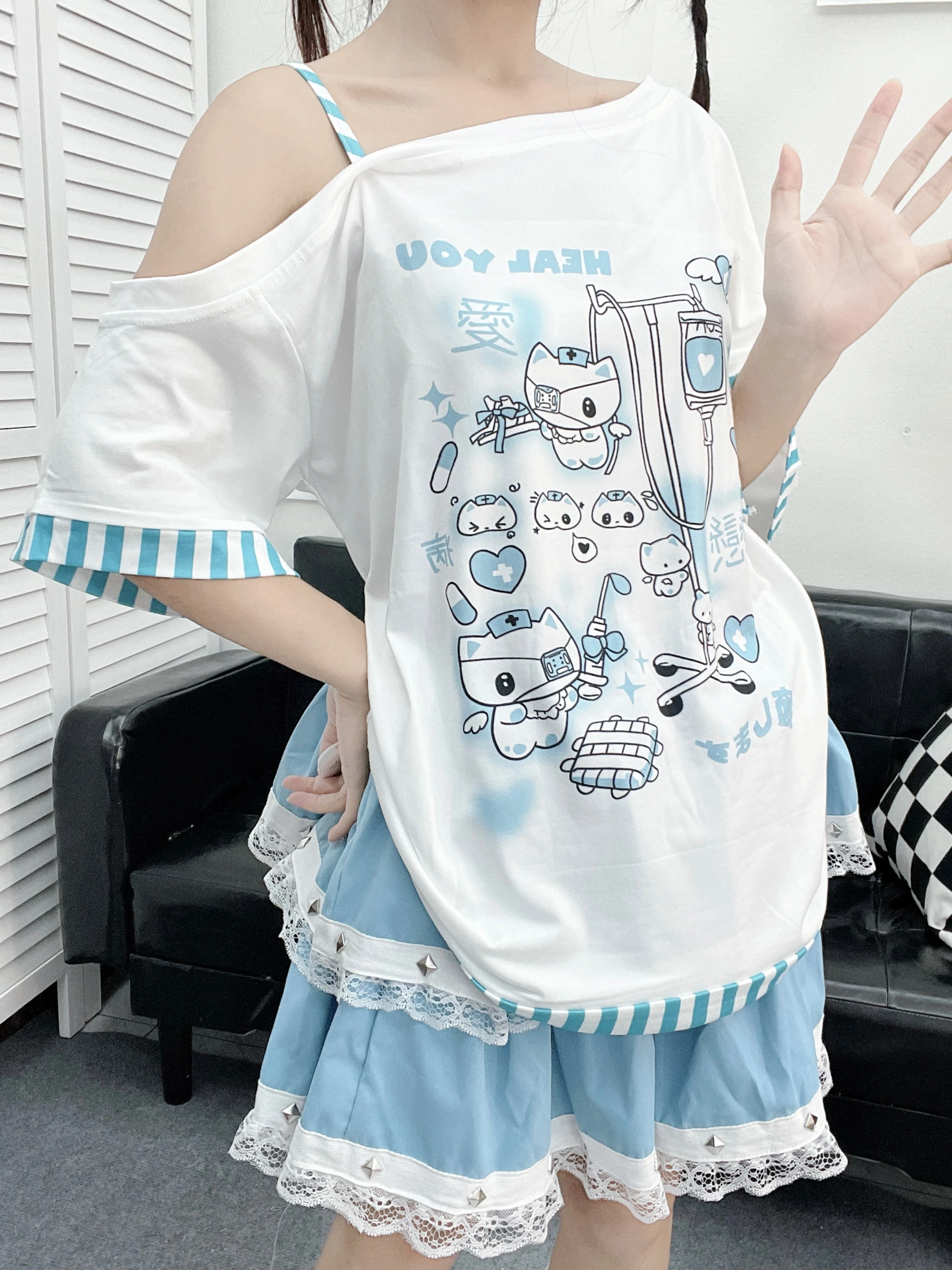 Color: WHITE, Size: S, Ships From: CHINA - Gothic Woman Clothing Y2k Harajuku T-shirts Japanese Female Clothing Patchwork Kawaii Sweet Cartoon Print stripe y2k Clothes Top