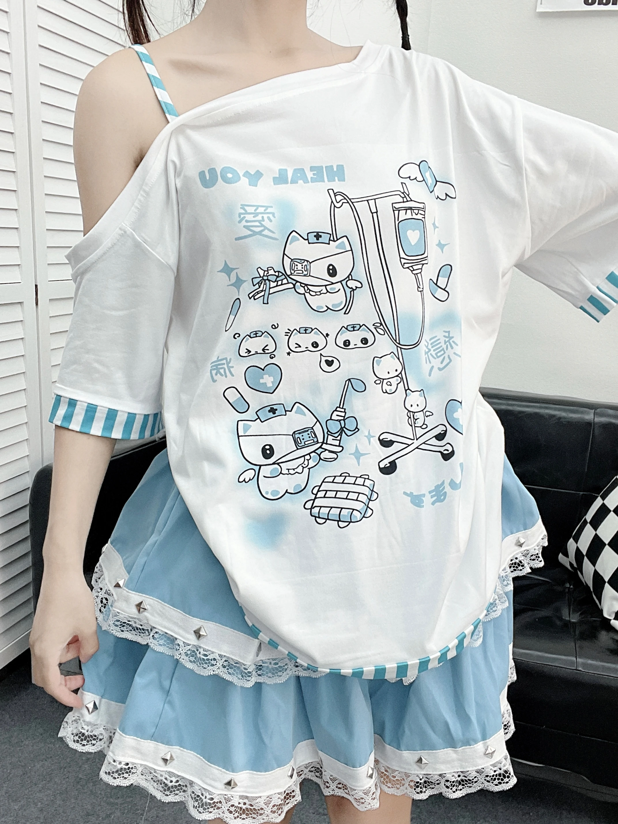 Color: WHITE, Size: S, Ships From: CHINA - Gothic Woman Clothing Y2k Harajuku T-shirts Japanese Female Clothing Patchwork Kawaii Sweet Cartoon Print stripe y2k Clothes Top