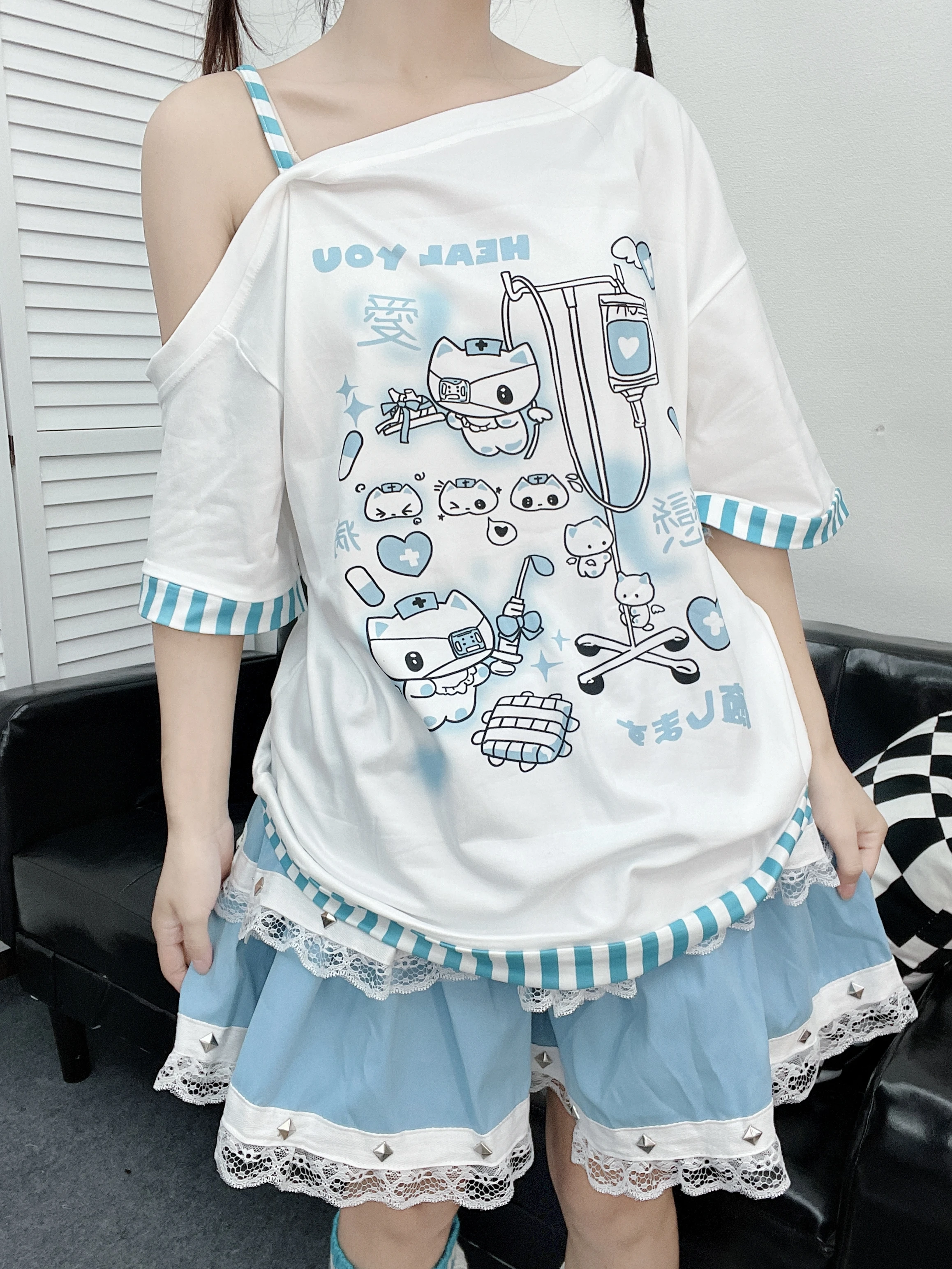 Color: WHITE, Size: S, Ships From: CHINA - Gothic Woman Clothing Y2k Harajuku T-shirts Japanese Female Clothing Patchwork Kawaii Sweet Cartoon Print stripe y2k Clothes Top