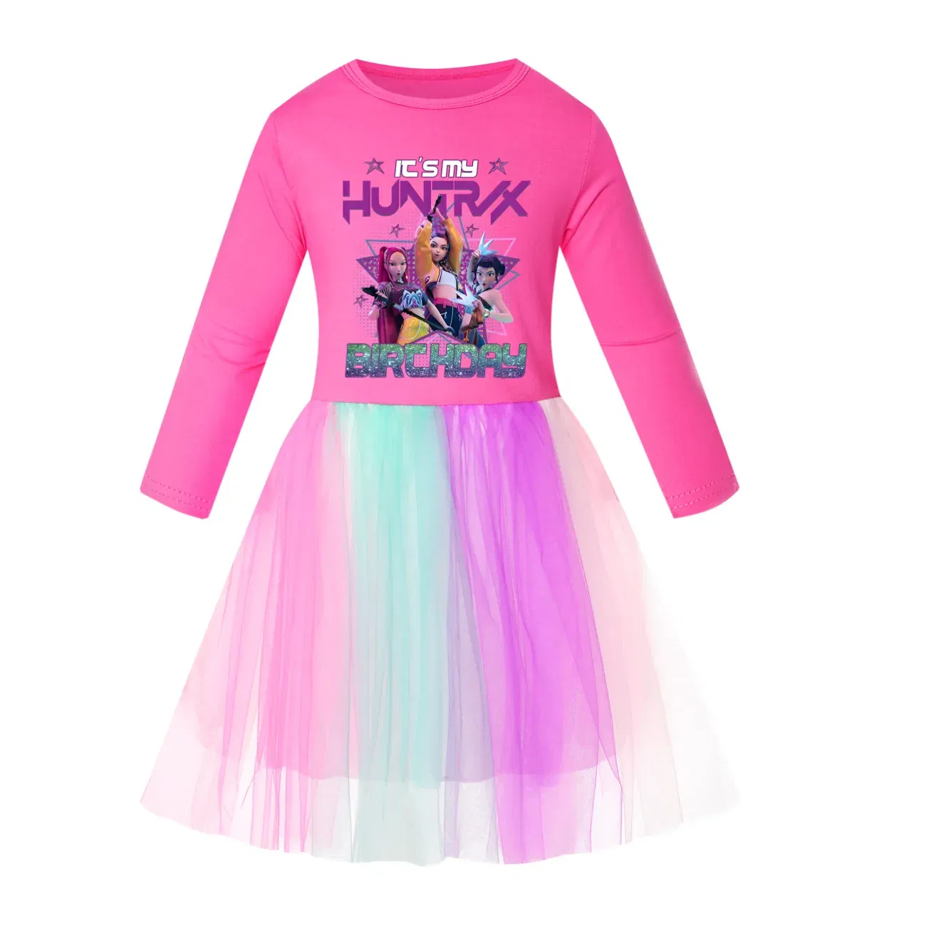 Color: Silver, Kid Size: 3T - KPop Demon Hunters Kids Clothes Long Slevess Dresses Cotton Rainbow Full Dress Teen Fashion Girl's Clothing Party Clothes 5001