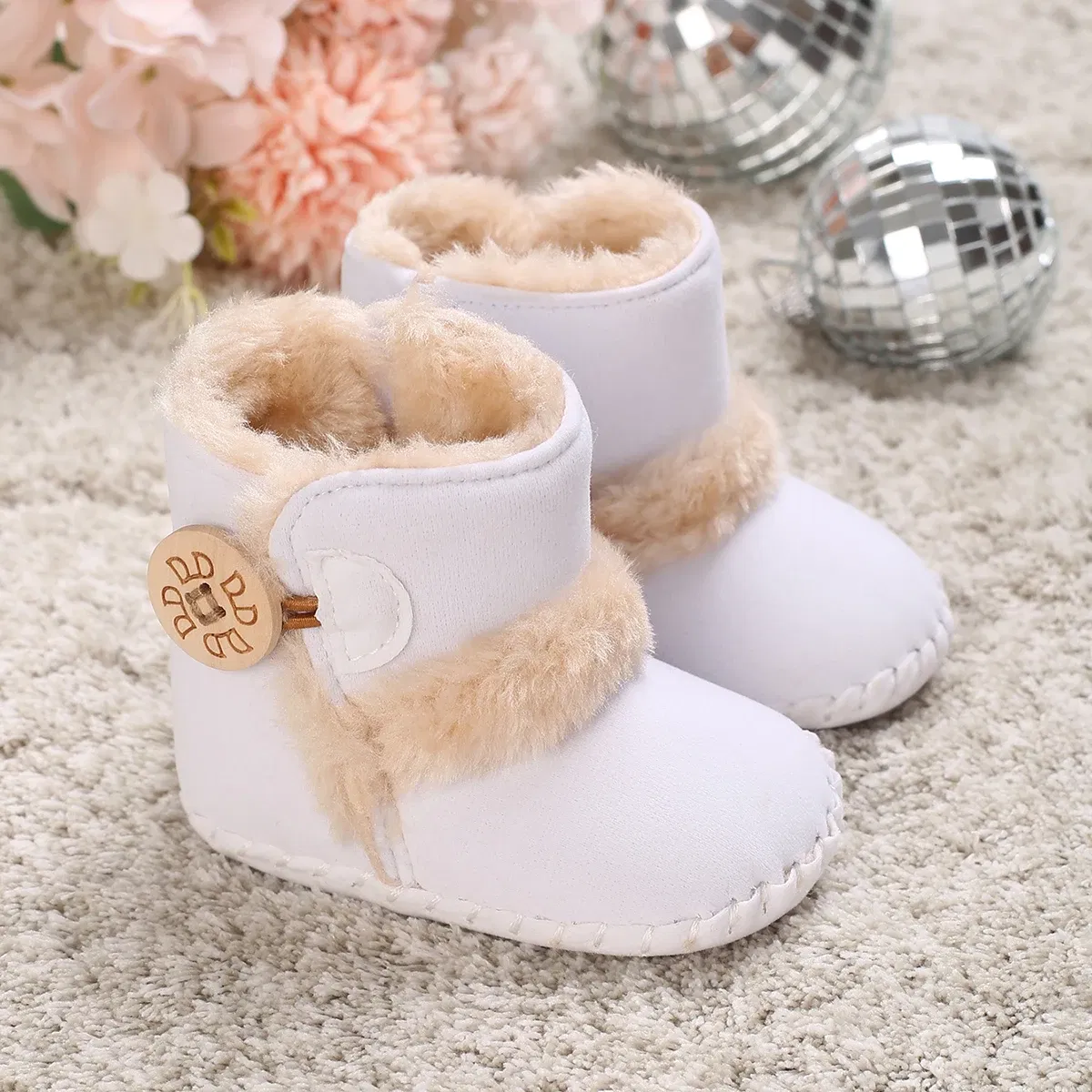 Color: army green, Baby Age: 13-18 Months - 2022 Baby Autumn Winter Boots Baby Girl Boys Winter Warm Shoes Solid Fashion Toddler Fuzzy Balls First Walkers Kid Shoes 0-18M