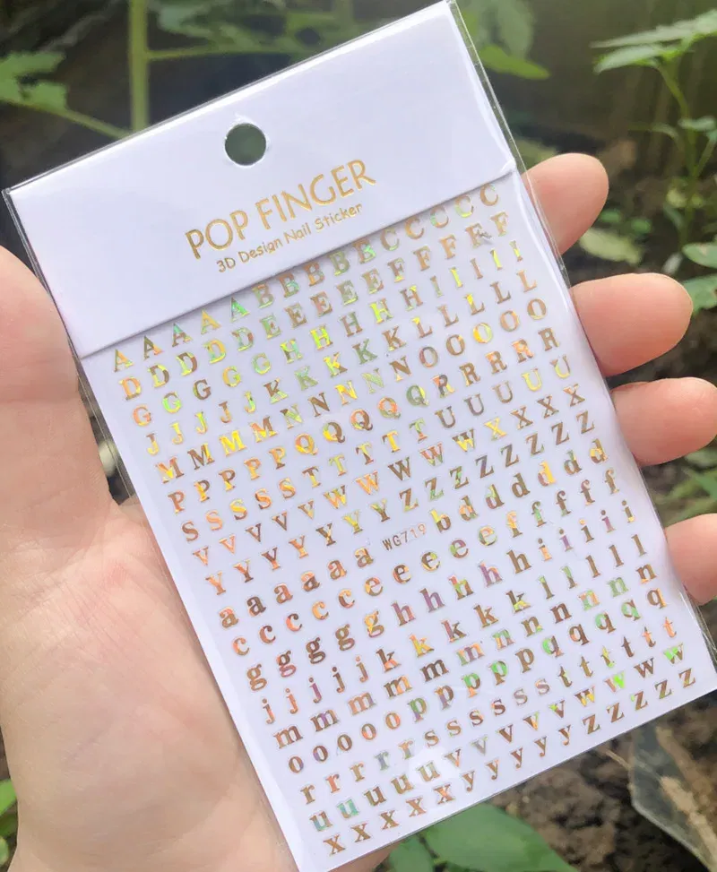 Color: army green - 1PCS New English Alphabet Nail Stickers Multi-Color Laser Reflective Nail Slider Art Cool Text Nail Kit
