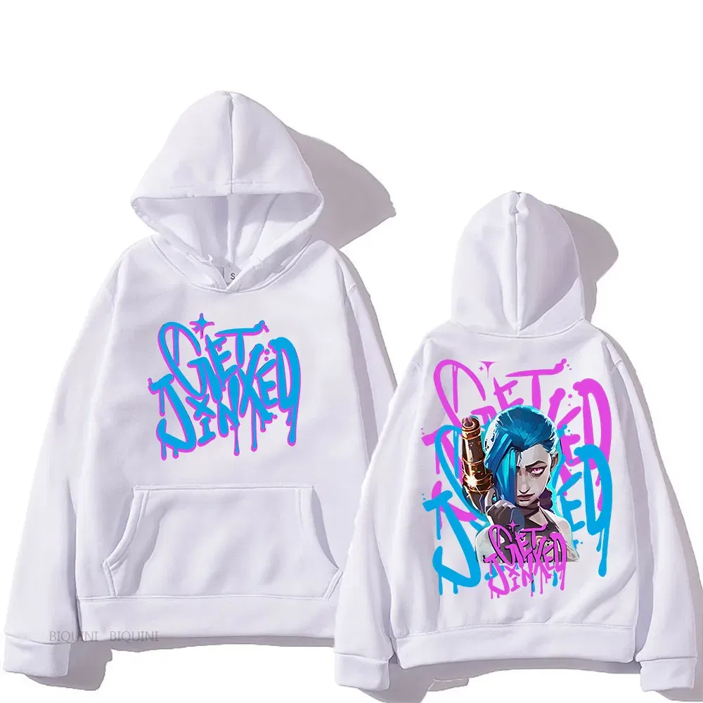 Color: Beige, Size: S - Arcane Jinx Cute Hooded Anime Print Harajuku Kawaii Sweatshirt Long-sleeved Cartoon Fleece Clothes Moletom Fashion Pullovers