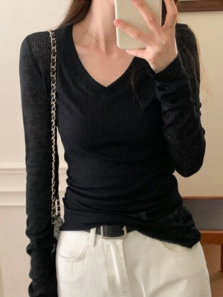 Color: black, Size: S - Women Long Sleeve T Shirt Thin Perspective Summer Solid Slim Casual Shirts Female Pullovers Basic Tee Y2k Clothes Streetwear Top