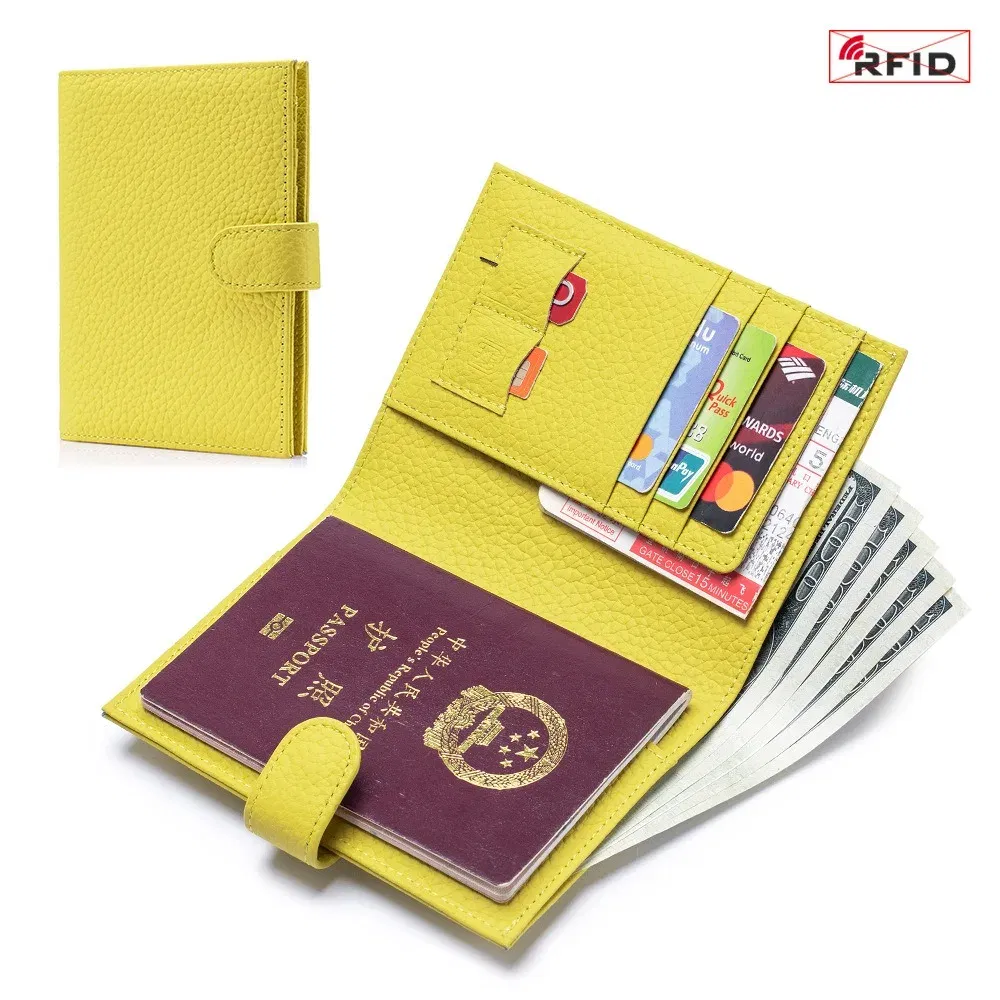 Color: ROSE RED - Genuine Leather RFID Travel Passport Cover Case Wallet Bag Card Holder Cowhide Coin Purse Document Cover Flight Men Women