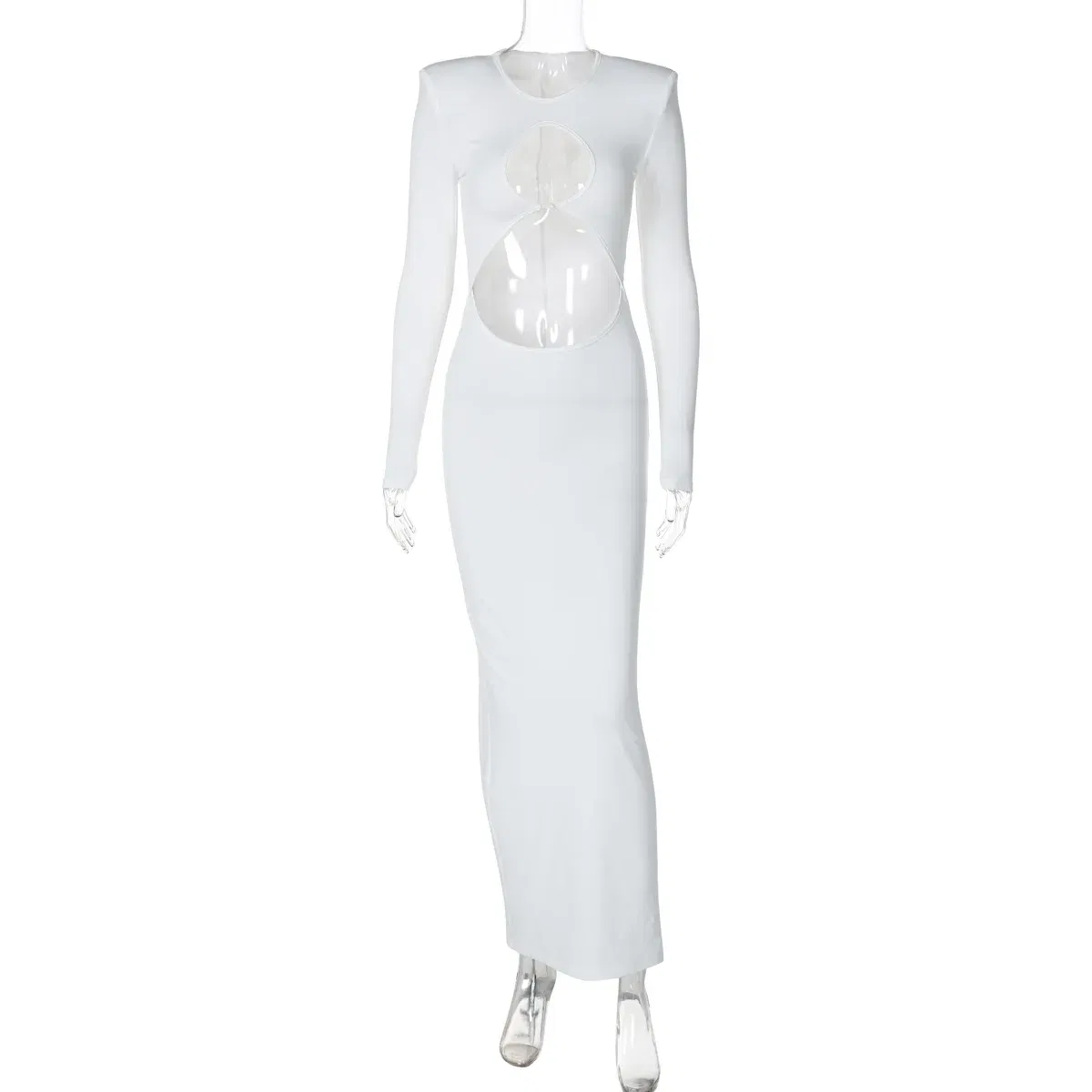 Color: WHITE, Size: S - Hollow Out Sexy Long Dress White Dress Female Clothing Slim Fit Pullover Long Sleeve O-neck Long Dresses Woman Summer