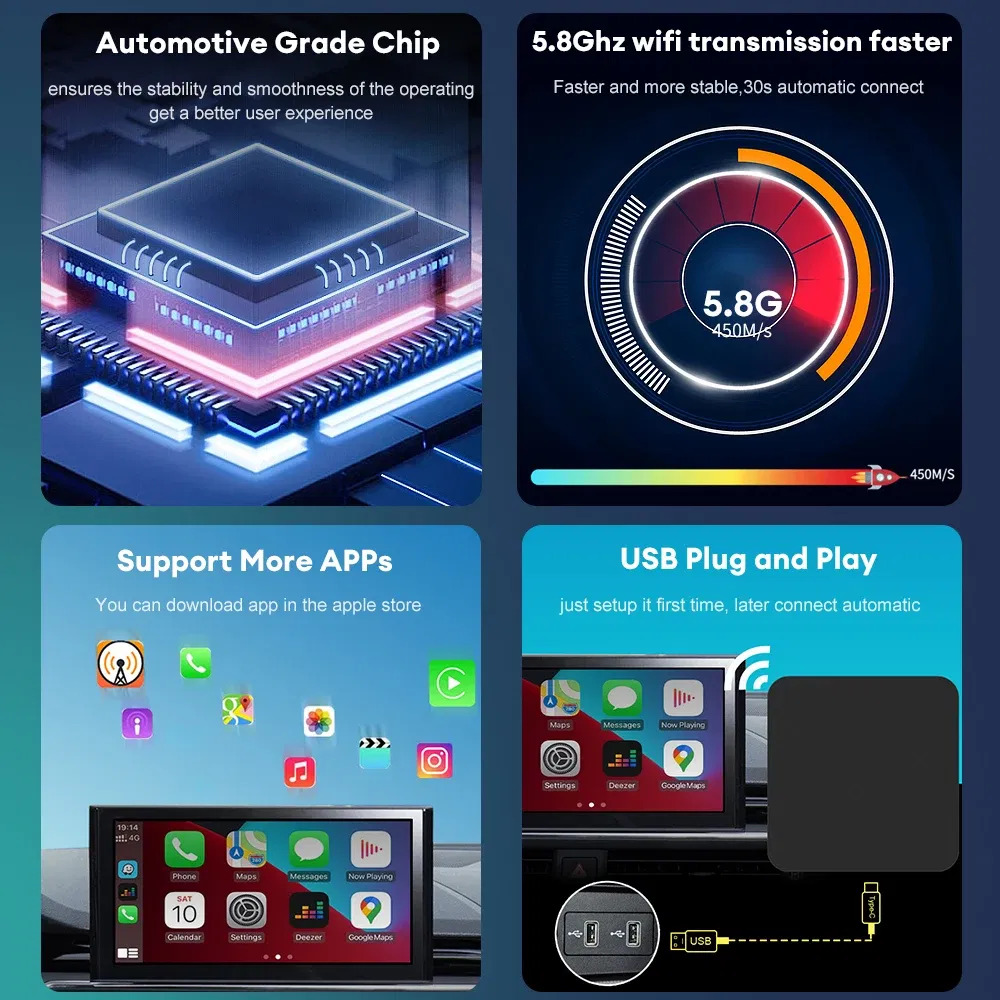 Color: black - Acodo Wired to Wireless CarPlay Adapter Android Auto Smart Dongle Mini Box Plug And Play Bluetooth Connectivity USB Interface
