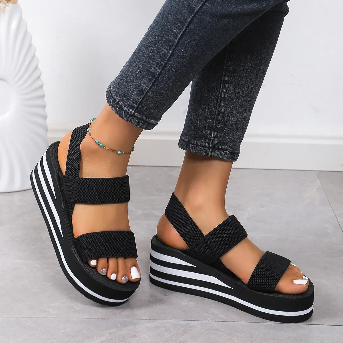 Color: Blue, Shoe Size: 38 - Women's Light Weight Wedge Sandals Open Toe Platform Thick Soled Summer Casual Slingback Shoes with Back Strap Leisure Footwear