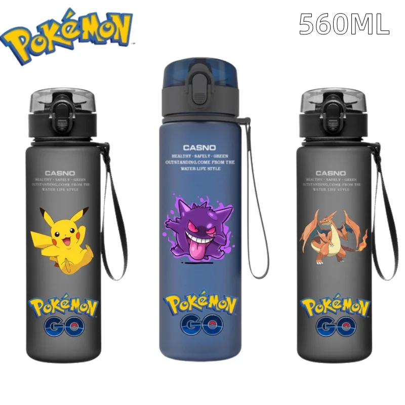 Color: Blue - 560ML Pokemon Water Cup Anime Portable Children's Cute Pikachu Gengar Plastic Outdoor Sports Large Capacity Water Bottle Gifts