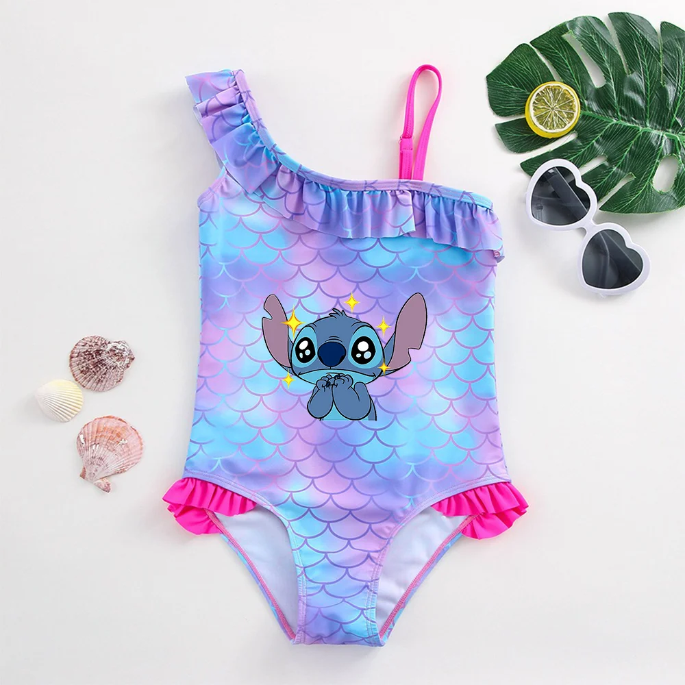 Color: GRAY, Size: M - Stitch Girls Swimsuit Fashion Mermaid Fish Scale One-Piece Bathing Suits Children's Dresses Summer Swimwear Beach Suit Kids Wear