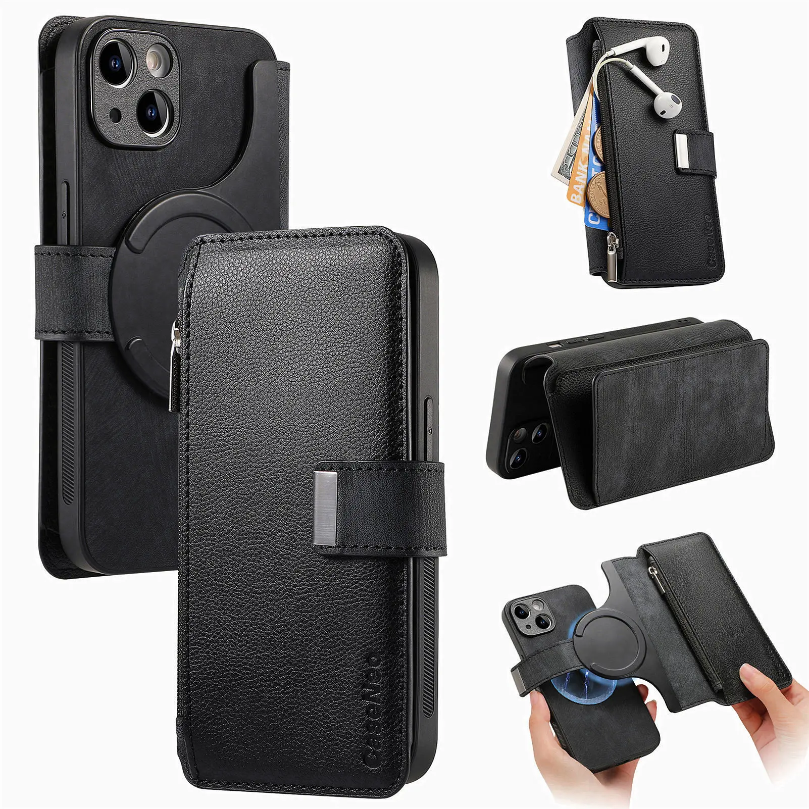 Color: black, Material: PU - With Magsafe Wallet Case For Xiaomi Poco X6 X5 X3 M6 M5S M4 M3 F6 F5 Pro F3 C31 Zipper Leather Multi 6 Card Slot Removable Cover