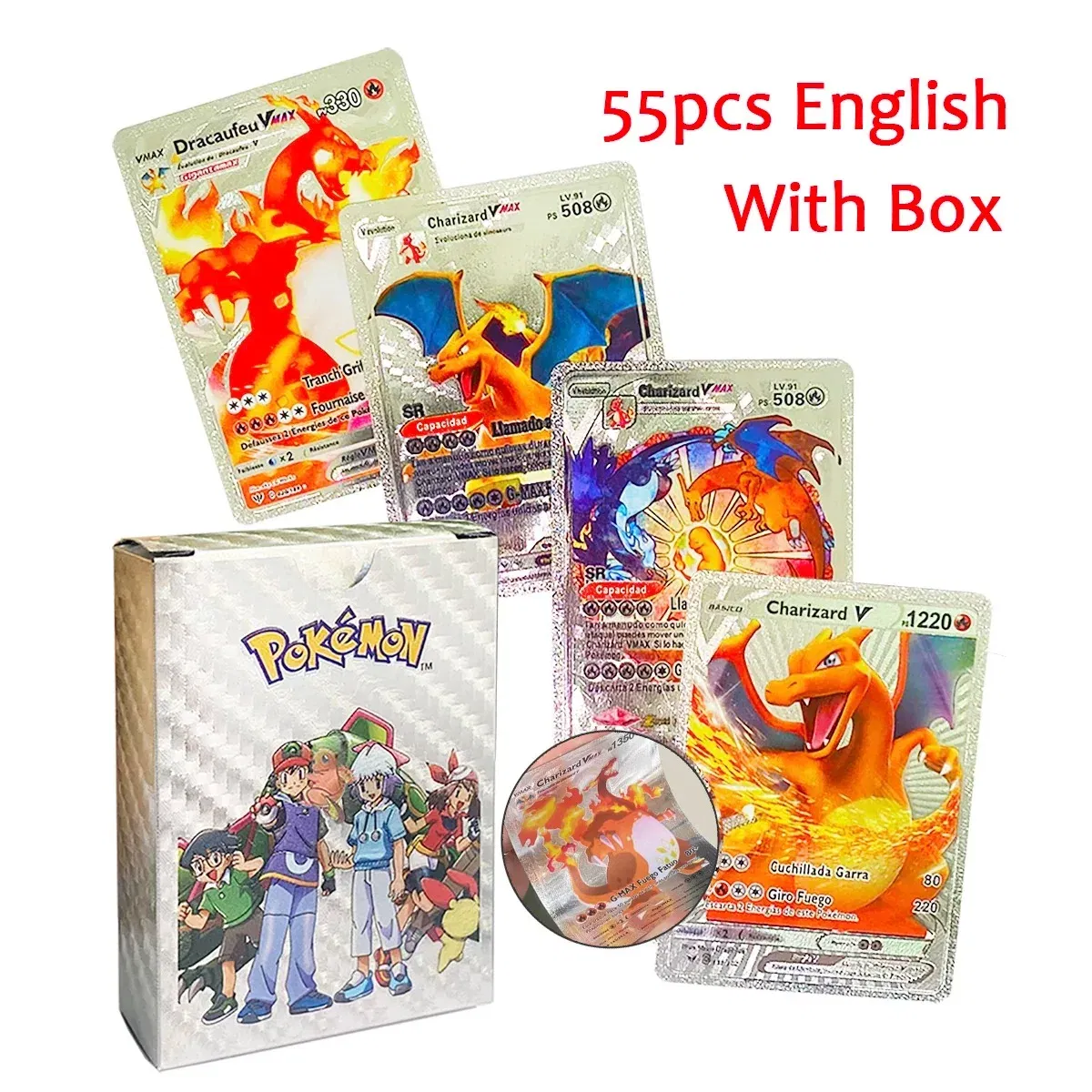 Color: seven - 55PCS Pokemon Colorful Gold Foil Card Charizard Pikachu Arceus Diamond Rainbow English French German Spanish VSTAR GX VMAX Cards