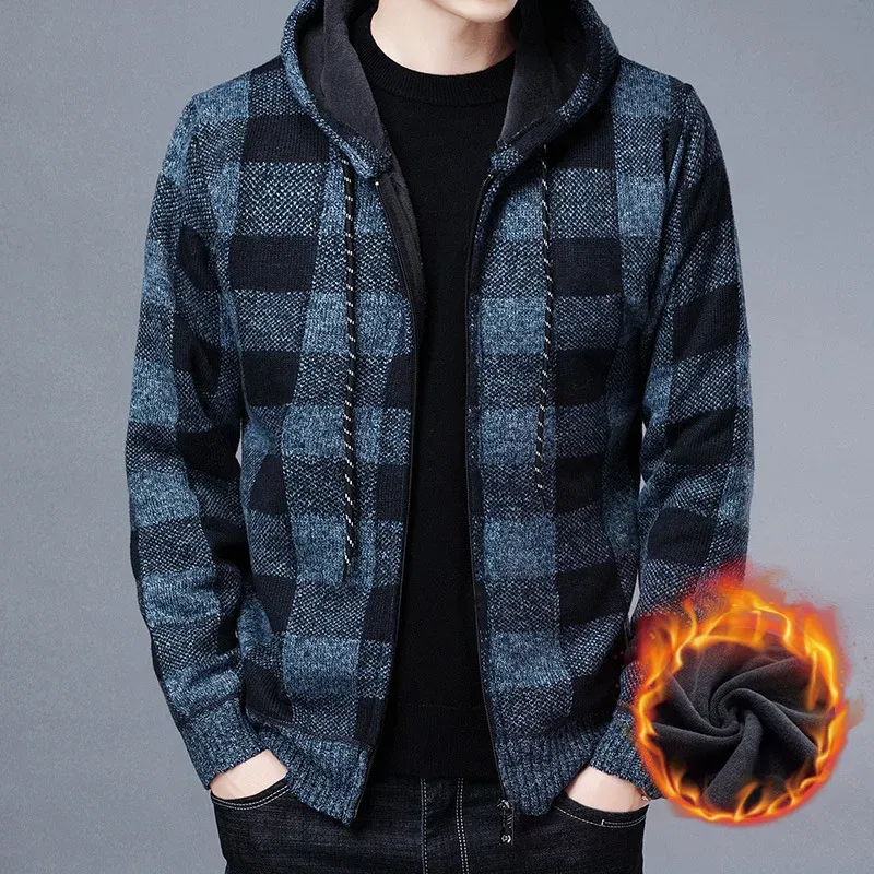 Color: GRAY, Size: XXXL - Winter 2023 New Men's Fleece Thickened Cardigan Knit Sweater / Male Loose Warm Hooded Add Wool Jacket Coat