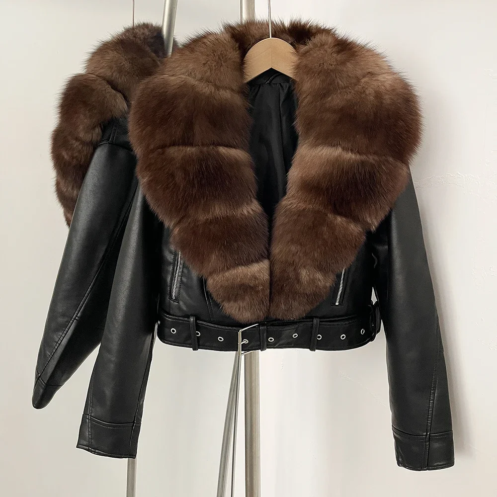 Color: SKY BLUE, Size: S - Fake Leather Coat New Natural Fox Fur Autumn Short Faux Leather Jacket Female Spring PU Women Long Sleeve Real Fur Coat Thin