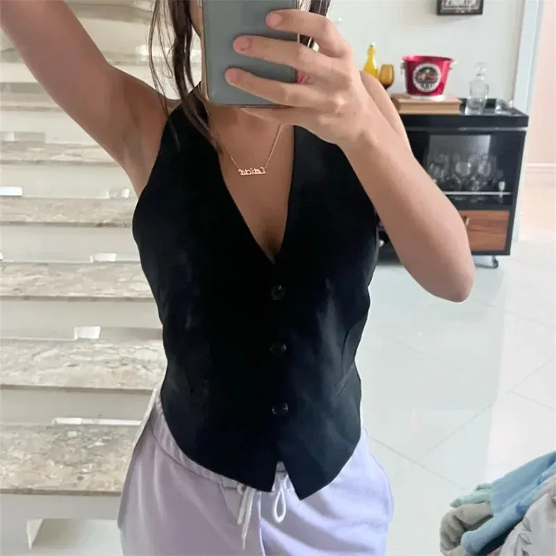 Color: WHITE, Size: L - MUJER Off Shoulder Sleeveless Vest Women Black White Cropped Vest Woman Fashion Backless V Neck Short Coats Summer Waistcoat