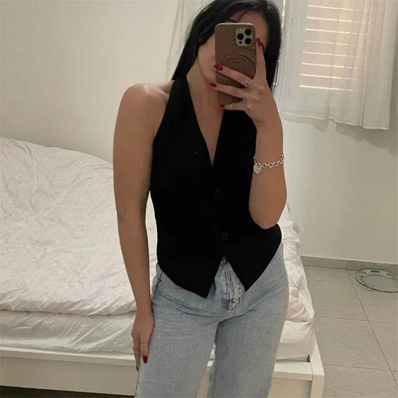 Color: WHITE, Size: L - MUJER Off Shoulder Sleeveless Vest Women Black White Cropped Vest Woman Fashion Backless V Neck Short Coats Summer Waistcoat