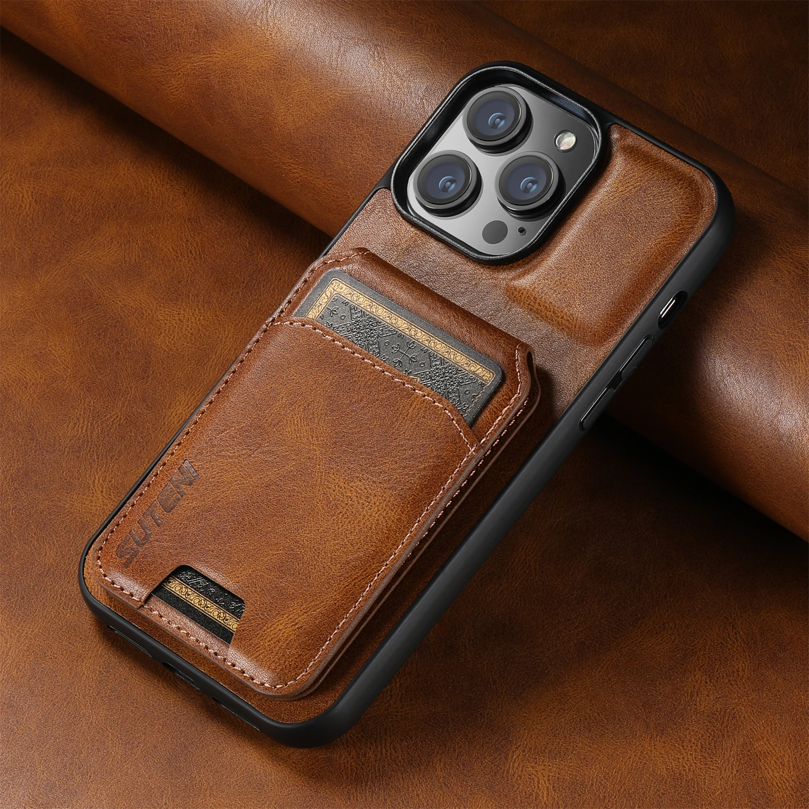 Color: Coffee, Material: Microfiber - SUTENI Card Holder Leather Magnetic Pocket Cover Wallet Phone Case For iPhone X XS XR 11 12 13 14 15 Pro Max Plus