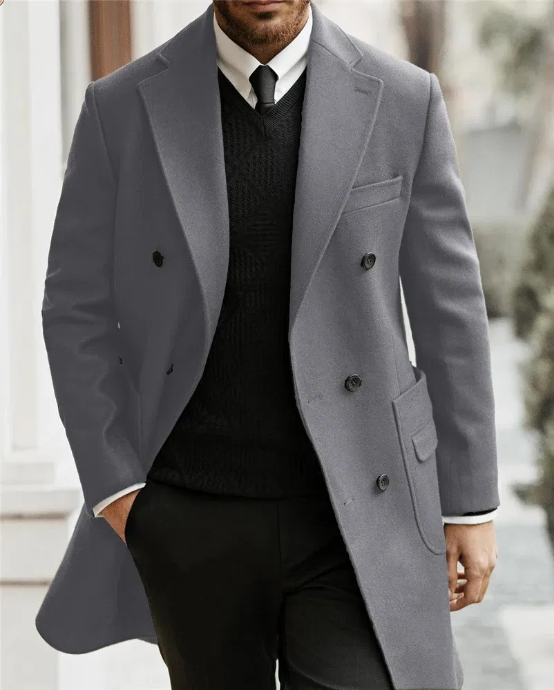 Color: Blue, Size: 30 - Classic Man Trench Coat Customized Notched Lapel Full Man Terno Double Breasted Elegant Gentleman Long Coat Men's Winter Jacket