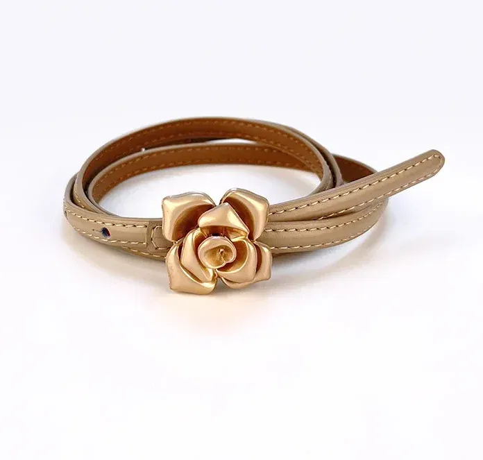 Color: khaki, Belt Length: 105CM - 1.0cm New Unique Rose Genuine Leather Gold Belt Women Fashion Cowskin Flower Thin Belts Female Jeans Dress Waistband