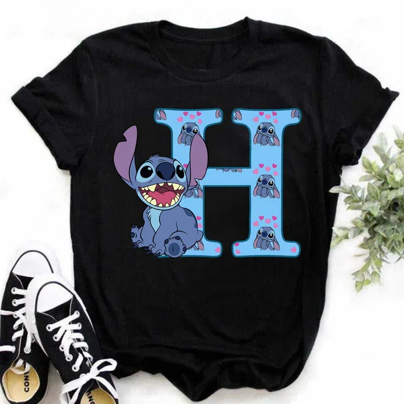Color: army green, Size: XXL - Disney Lilo&Stitch A-Z Alphabet Summer Women's Printed T-Shirt Women's Casual Tops T-Shirt Fashion Cartoon Plus Size T-Shirt