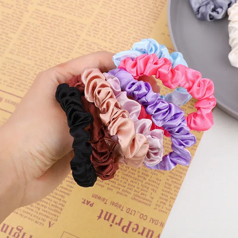 Color: Blue - 10pcs/pack Women Colorful Satin Silk Scrunchies Elastic Hair Bands Solid Color Dot Hair Ties Ponytail Holder Hair Accessories