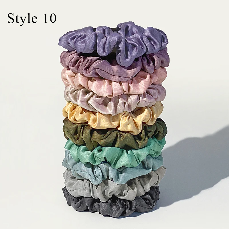 Color: Blue - 10pcs/pack Women Colorful Satin Silk Scrunchies Elastic Hair Bands Solid Color Dot Hair Ties Ponytail Holder Hair Accessories