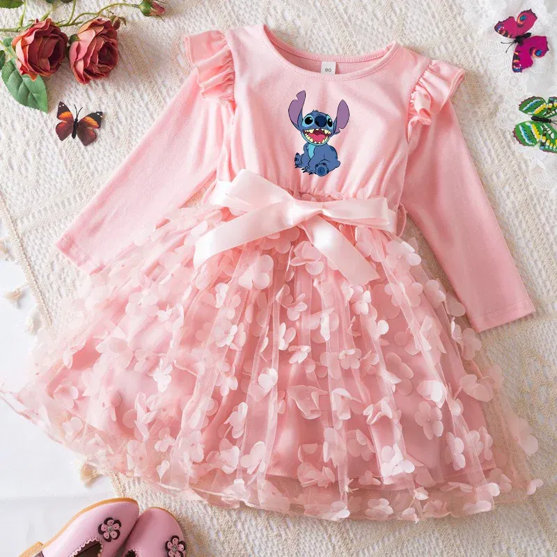 Color: Lavender, Size: One Size, Height: 164 - Lilo Stitch Girl Baby Dresses Spring Autumn Child Long Sleeve Sweet Princess Dress Mesh Newborn Casual Dress Birthday Party 2-6Y