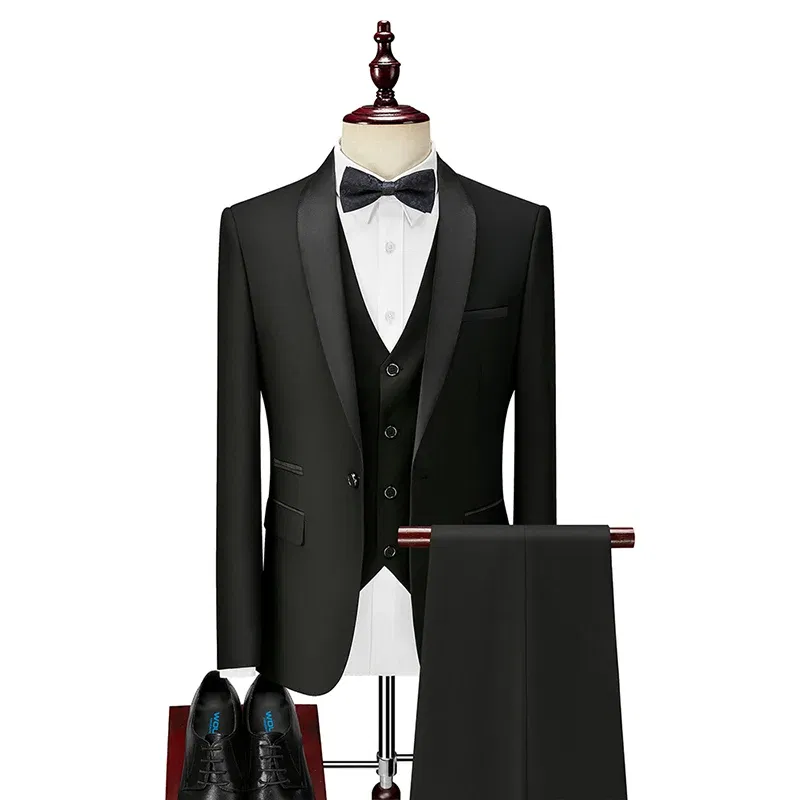 Color: black, Size: 6XL - Shenrun Men Tuxedo Slim Fit Fashion Suit Wedding Shawl Lapel 3 Pieces Skinny Single Breasted Jacket Party Prom Singer Costume