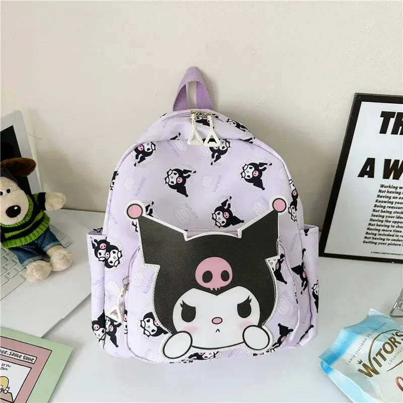 Color: Brown, Size: 12 inches - 2025 Anime Cartoon Kuromi Melody Cinnamoroll Backpack Boys Girls Cartoon Hello Kitty Kawaii Canvas Fashion Children's Schoolbag