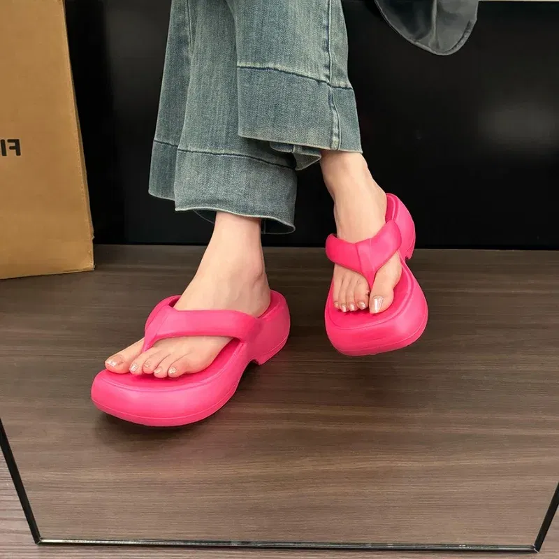 Color: Rosy Red, Shoe Size: 39-40 - Casual Square Toe Women's Flip-flops Soft-soled Non-slip Heeld Sandals Unique Features Leisure Summer Popular Outdoor Slippers