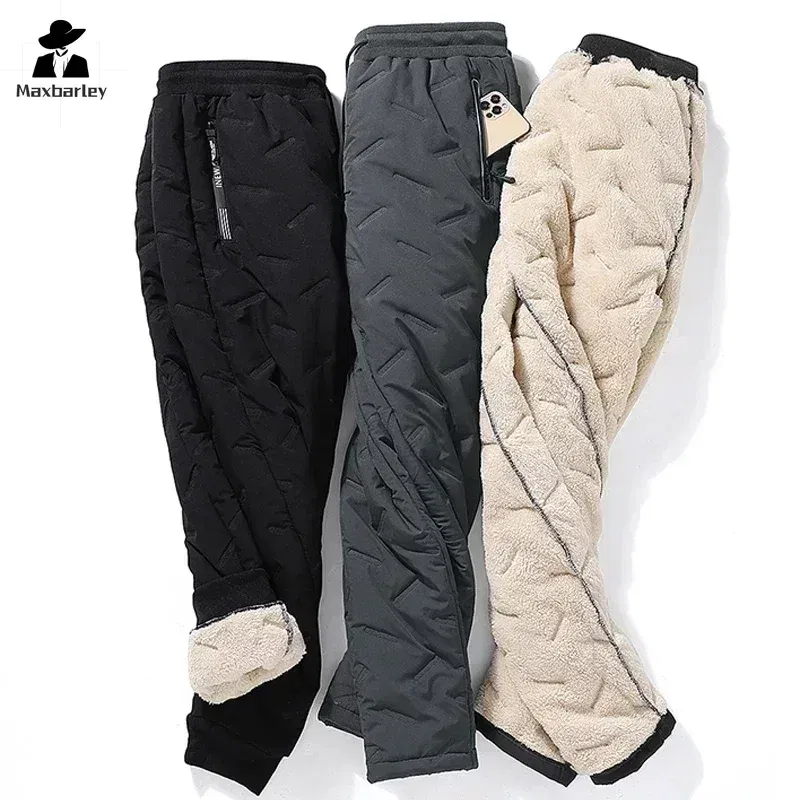 Size: XL, Color: black - Winter Down Cotton Pants Men's Casual Waterproof Zipper Pocket Thickened Wool Warm Pants Jogger Outdoor Cold-proof Ski Pants 7XL