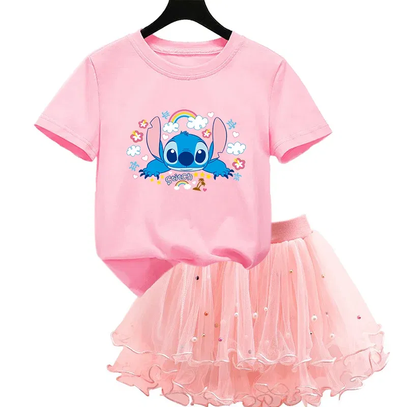 Color: Silver, Kid Size: 5 - 2pcs Lilo Stitch Summer Girls Outfits Cartoon T-shirt and Tutu Skirt Princess Clothes Suit Children Birthday Clothing Sets