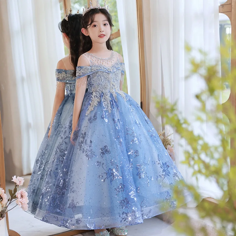Color: Blue, Kid Size: 5 - Children's Dress Princess Dress Fluffy Gauze Flower Girl Heavy Industry Trailing Catwalk Small Host Piano Performance