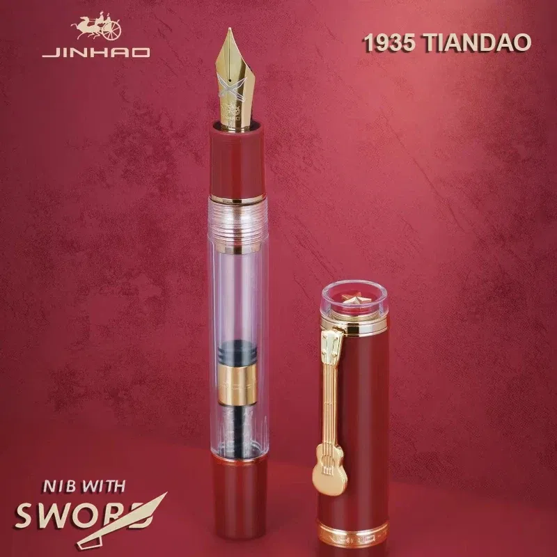 Color: Red, Nib Size: M - Jinhao 1935 TIANDAO Fountain Pen Luxury Guitar Clip F/M Sword Nib Writing Calligraphy Ink Pens Office School Supplies Stationary