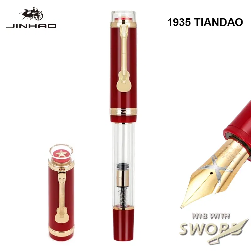 Color: Red, Nib Size: M - Jinhao 1935 TIANDAO Fountain Pen Luxury Guitar Clip F/M Sword Nib Writing Calligraphy Ink Pens Office School Supplies Stationary
