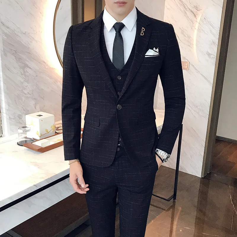 Color: GRAY, Size: S - Gray Men Classic Striped/Checked Suits, Business Office 3 Piece, Asian Size Slim Fit Men Dress Jacket & Pants with Vest, S-4XL
