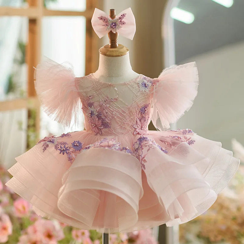 Color: Pink, Kid Size: 18M - New baby girl toddler dress birthday party dress exquisite unique girl sweet little fly sleeve cake skirt