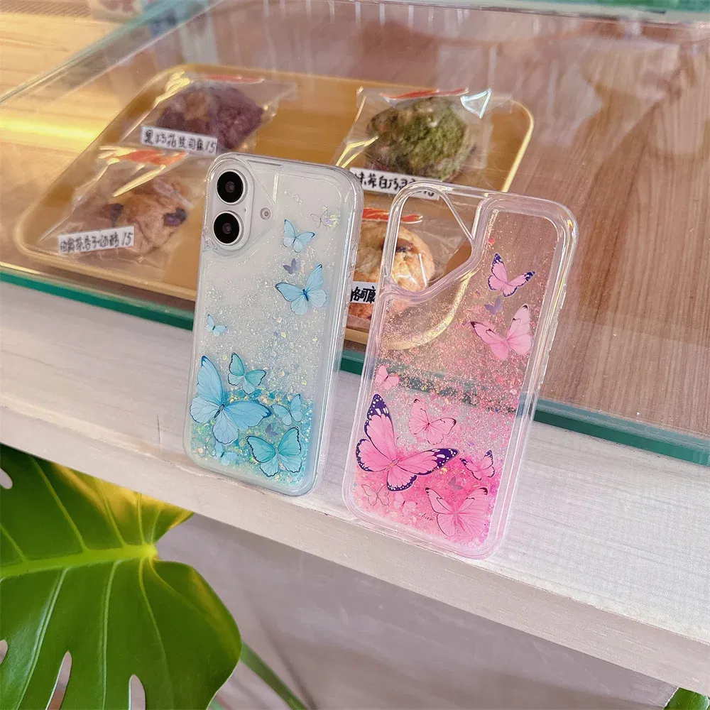 Color: Blue, Material: Vinyl - Luminous Quicksand Glitter Butterfly Case for iPhone 16 15 14 Pro Max Plus 13 12 Mini 11 X Xs XR Soft Silicone Bling Shiny Cover