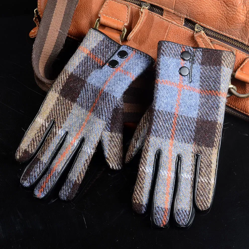 Color: MULTI, Gloves Size: M - New Men's Male Wool Tweed & Leather Winter Warm Thicker Lining fashion Touch Screen Driving Short Gloves