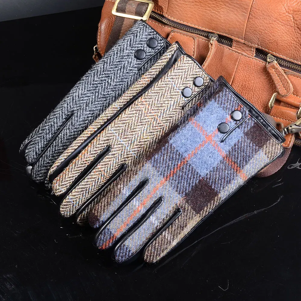 Color: MULTI, Gloves Size: M - New Men's Male Wool Tweed & Leather Winter Warm Thicker Lining fashion Touch Screen Driving Short Gloves