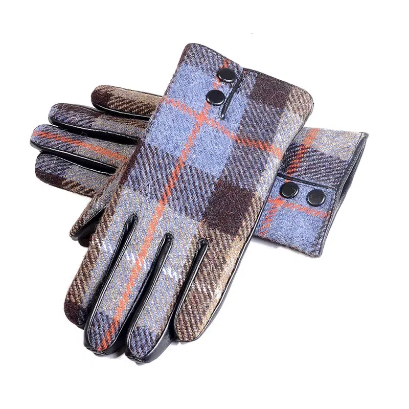 Color: MULTI, Gloves Size: M - New Men's Male Wool Tweed & Leather Winter Warm Thicker Lining fashion Touch Screen Driving Short Gloves