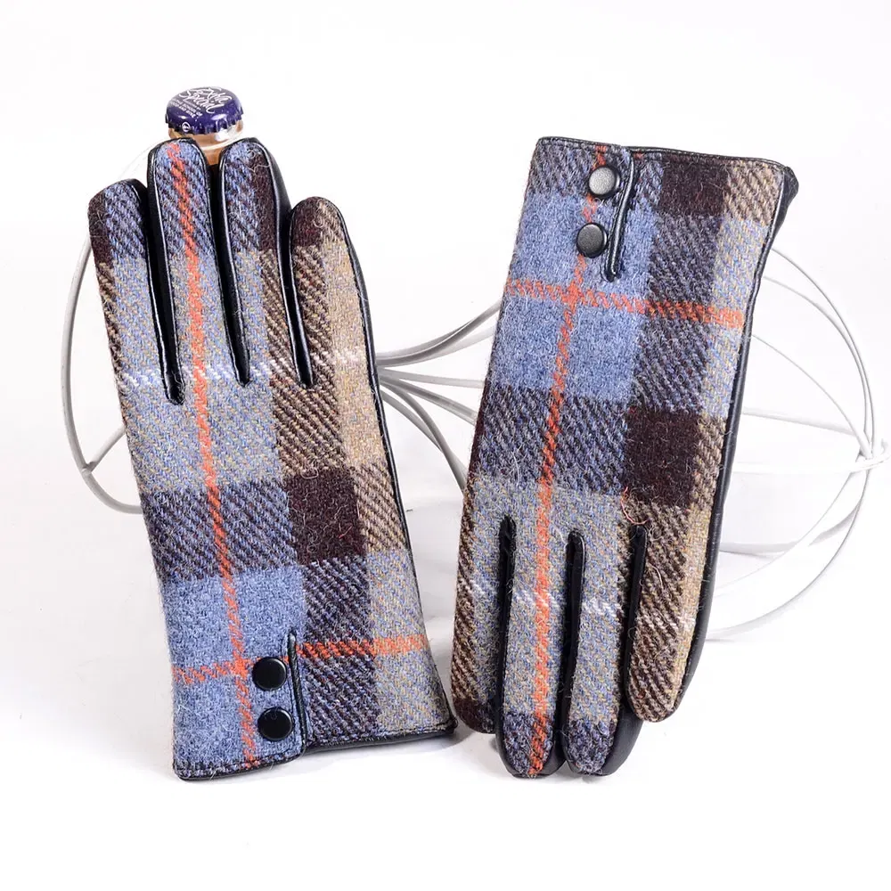 Color: MULTI, Gloves Size: M - New Men's Male Wool Tweed & Leather Winter Warm Thicker Lining fashion Touch Screen Driving Short Gloves