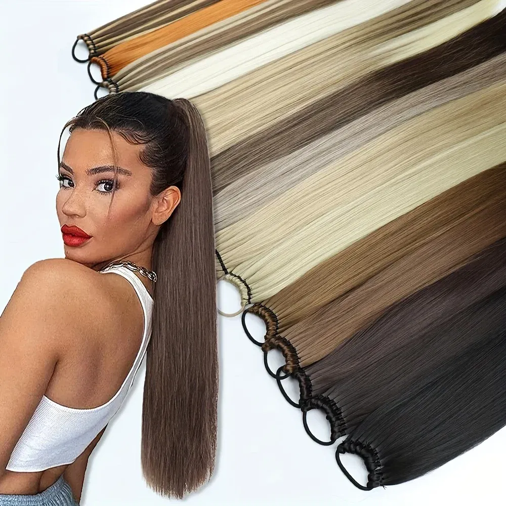 Color: T1B/4/30, Ships From: CHINA, Stretched Length: 24inches - Synthetic 24Inch Ponytail Extensions Black Natural Braided Pony Tail Hairpiece Long Straight Rubber Band Hair For Women