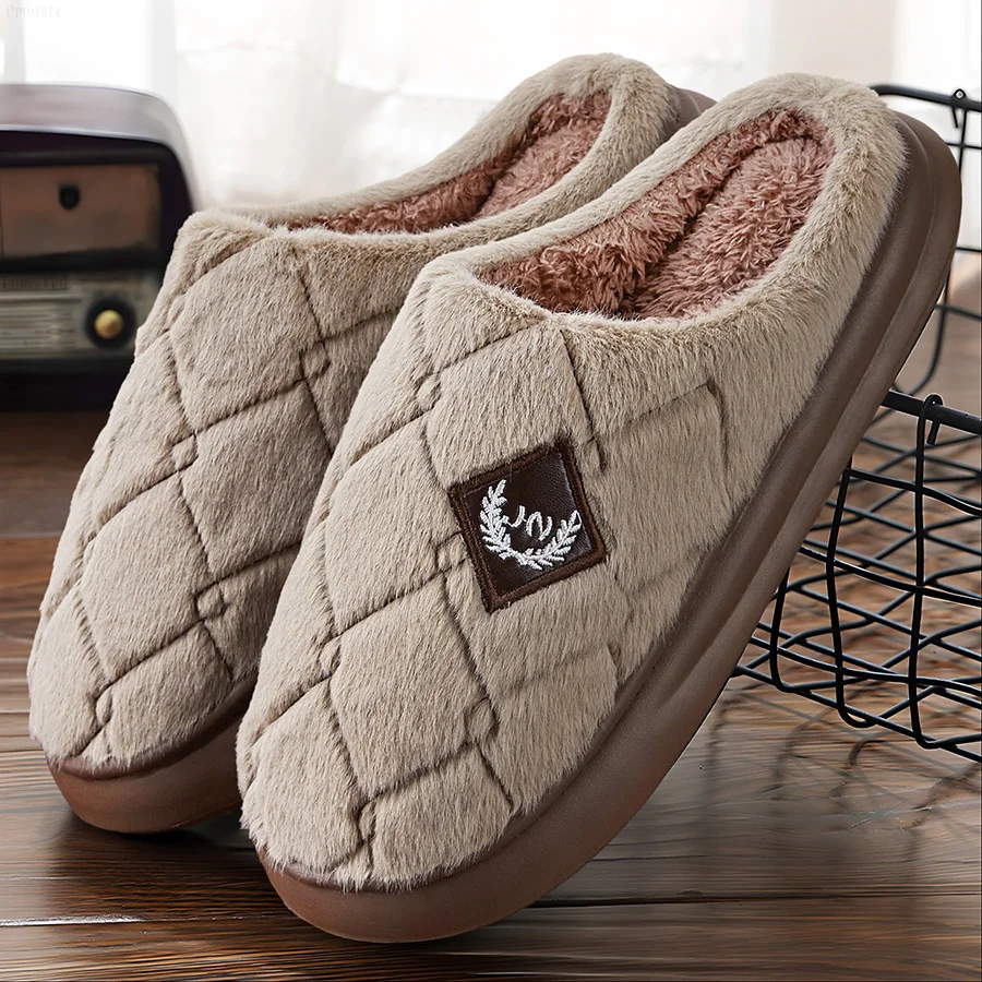 Color: black, Shoe Size: 48-49 - Men's House Slippers Furry Plaid cozy EVA Memory Foam Lightweight Casual Shoes Winter Warm Plush Non-slip Slippers big size