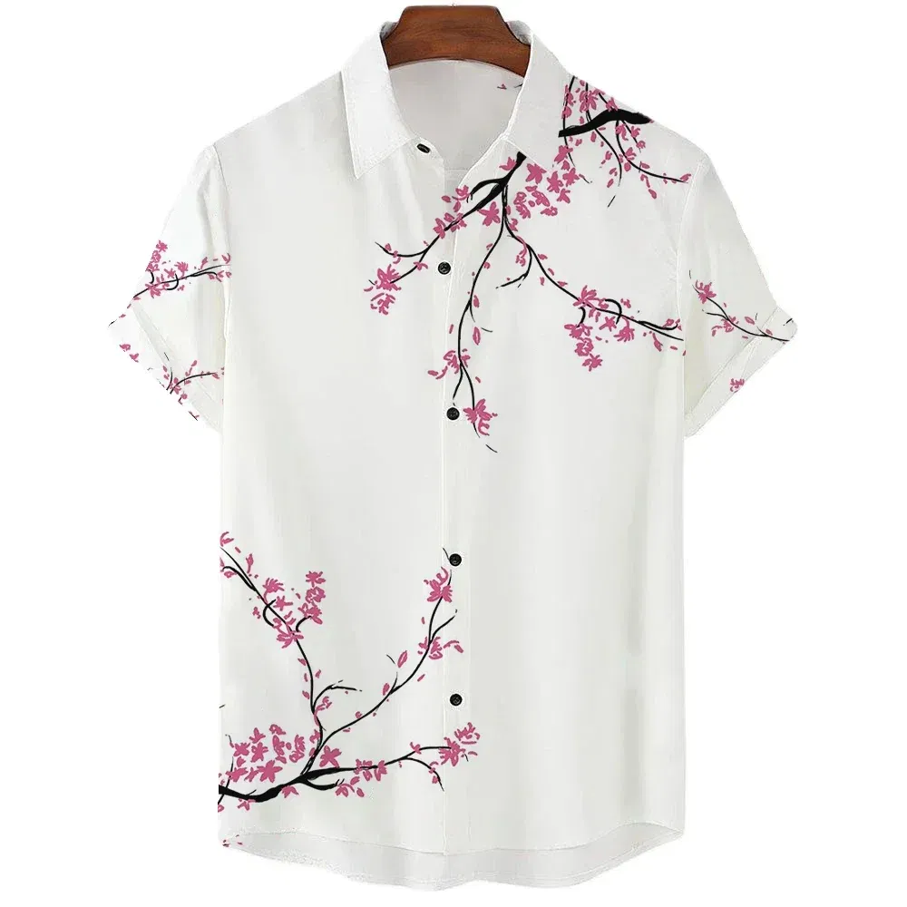 Color: GRAY, Size: S - Fashionable Luxury Social men's Shirt Lapel button-down Shirt Casual Japanese Aesthetic Cherry Blossom Print short-sleeved Tops